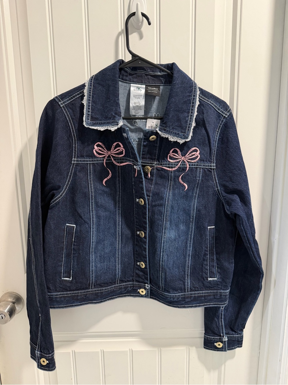 Dark Blue Denim Jacket with Pink Bow Embroidery